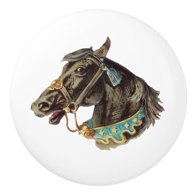Black Circus Horse vintage art Ceramic Knob (Front)