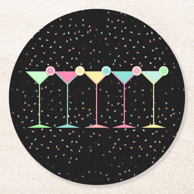 Black Citrus Martini Cocktail Confetti Party  Round Paper Coaster (Front)