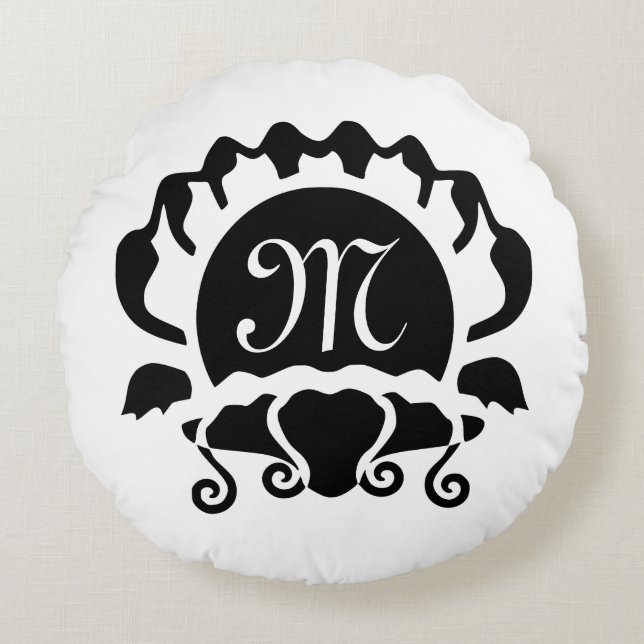 Black Clam Silhouette Monogram Round Cushion (Front)