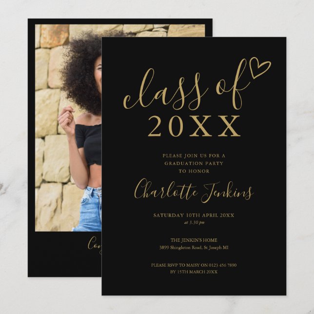 Black Class of Script Heart Photo Graduation Party Invitation (Front/Back)