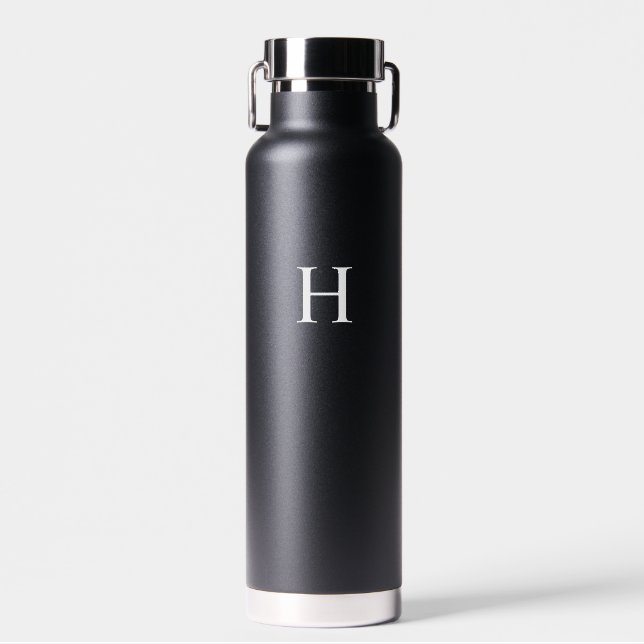 Black Classic Elegant Monogram Water Bottle (Front)