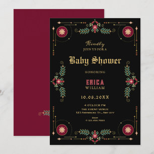 Black classic floral baby shower invitation