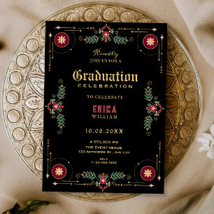 Black classic floral graduation invitation
