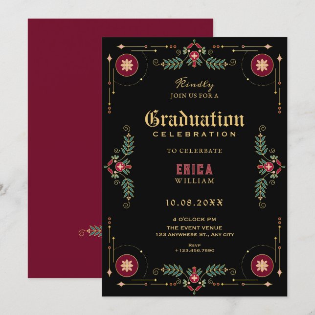 Black classic floral graduation invitation (Front/Back)