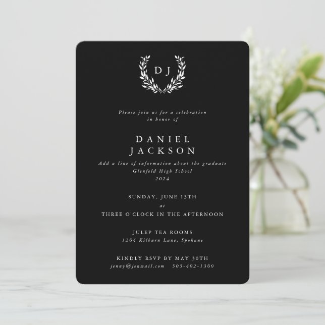 Black Classic Monogram Laurel Wreath Graduation Invitation (Standing Front)
