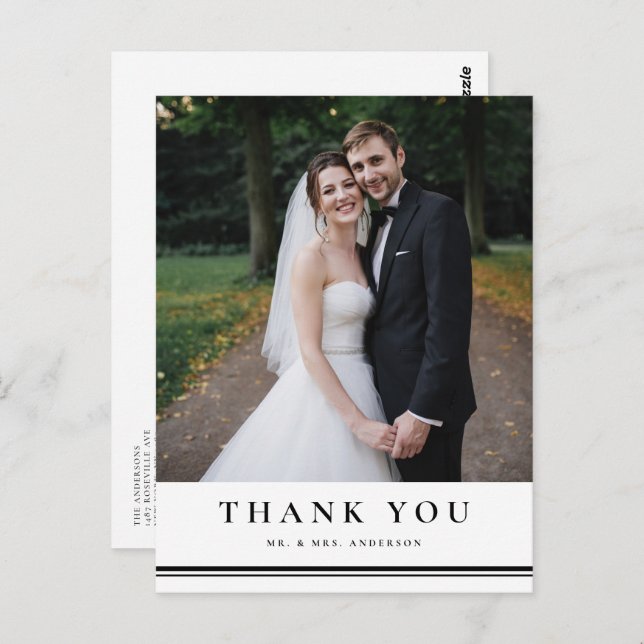 Black Classic Typography Striped Wedding Thank You Postcard (Front/Back)