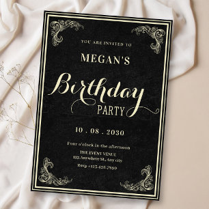 Black classic vintage elegant birthday  invitation