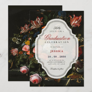 Black classic vintage floral bouquet graduation invitation