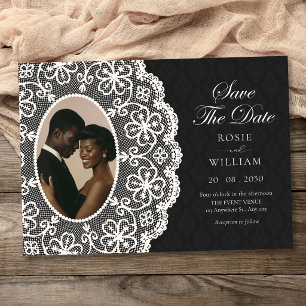 Black classic vintage lace photo wedding save the date