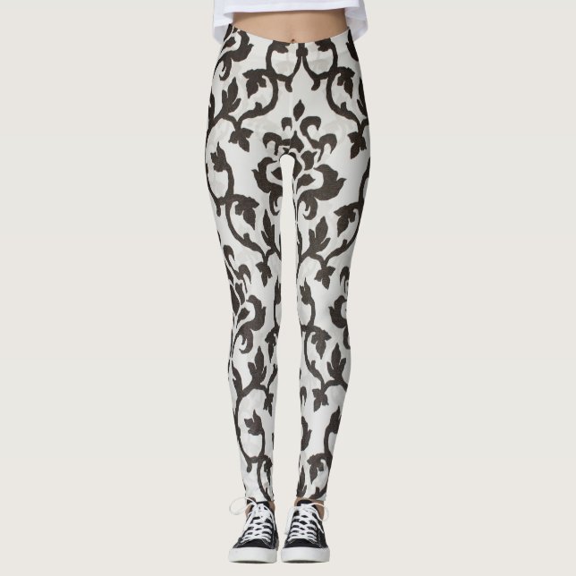 Black classical damask wallpaper pattern leggings (Front)