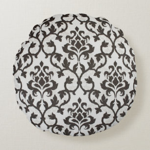 Black classical damask wallpaper pattern round cushion