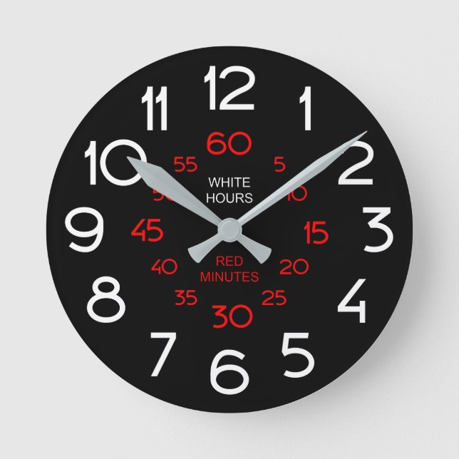Black Classroom Clock - White & Red Numerals (Front)