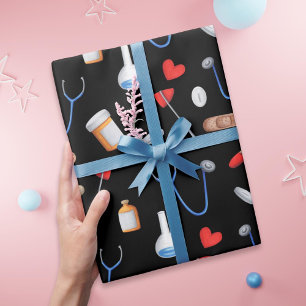 Black Clinic Doctor Nurse Medical Tools Birthday Wrapping Paper