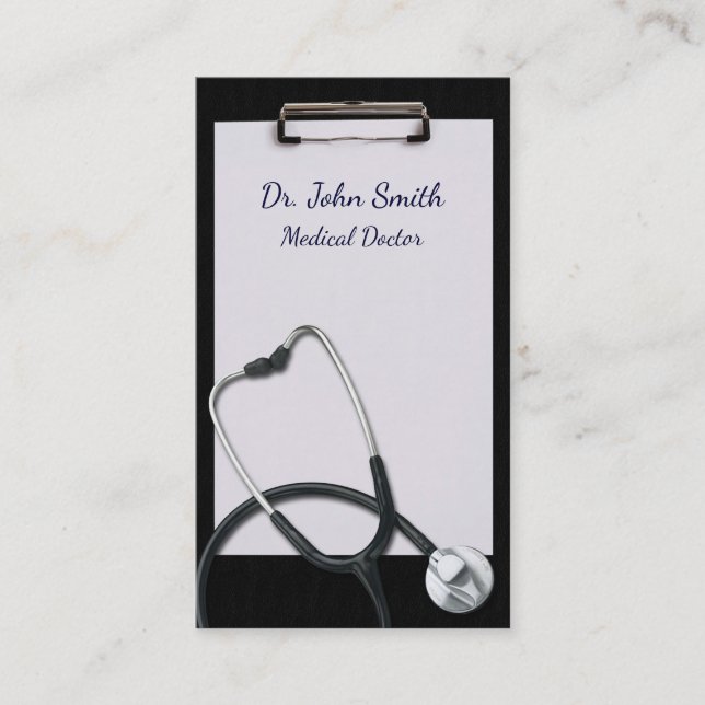 Black Clipboard with Medical Stethoscope Business Card (Front)