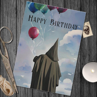 Black Cloak Balloons & Clouds Gothic Birthday Card