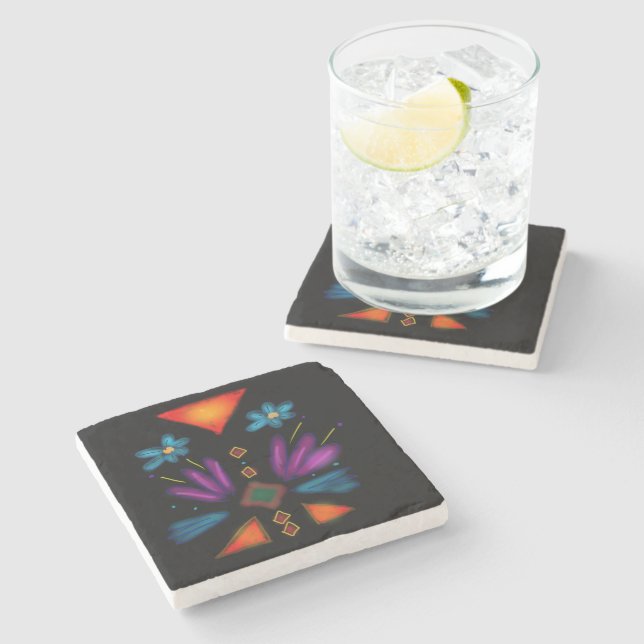 Black Coasters with Bright Hand drawn Art (Side)