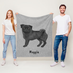Black Coat Colour Pug Dog With Custom Name Grey Fleece Blanket
