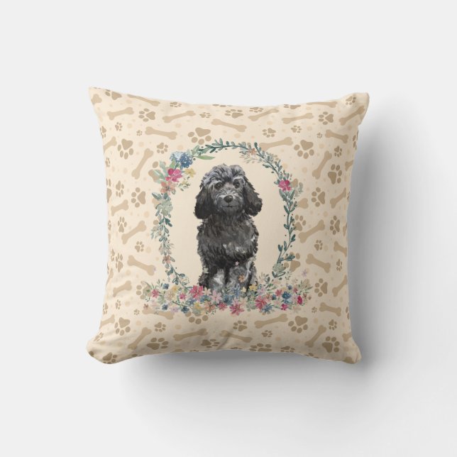 Black Cockapoo Dog Paw Print & Floral Cute Cushion (Front)