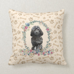 Black Cockapoo Dog Paw Print & Floral Cute Cushion