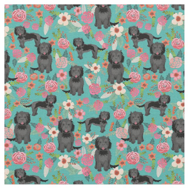 Black cockapoo dog vintage florals turquoise fabric (Close Up)