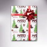 Black Cocker Spaniel, Bird, and Christmas Tree Wrapping Paper<br><div class="desc">The repeated pattern on this cute Christmas wrapping paper is an image of an adorable black Cocker Spaniel wearing a Santa hat and red bow. The dog sits among brightly wrapped gift packages beside a decorated Christmas tree. A bullfinch bird is landing on the tree behind it. Stylised red and...</div>