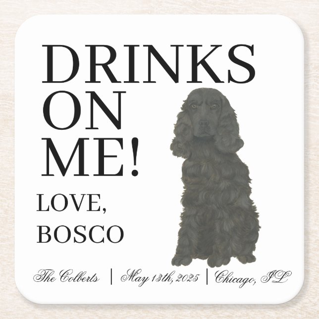 Black Cocker Spaniel Dog Wedding Square Paper Coaster (Front)