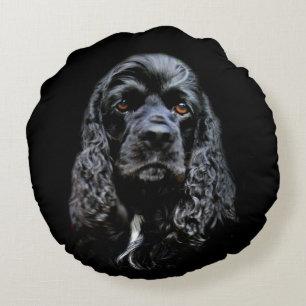 Black cocker spaniel face round cushion