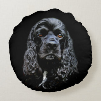 Black cocker spaniel face round cushion