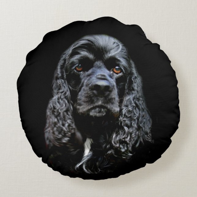 Black cocker spaniel face round cushion (Back)