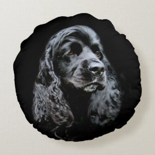 Black cocker spaniel face round cushion