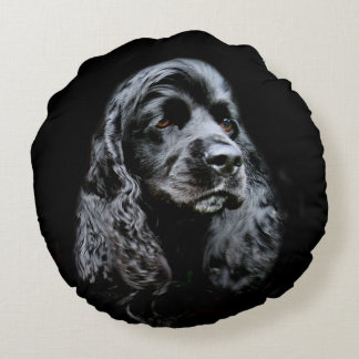 Black cocker spaniel face round cushion