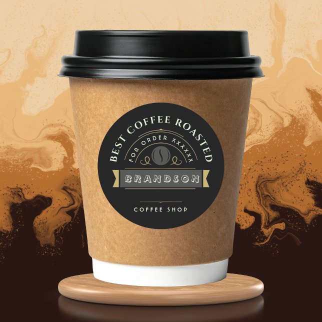 Black Coffee shop Personalized Branding  Classic Round Sticker (Creator Uploaded)