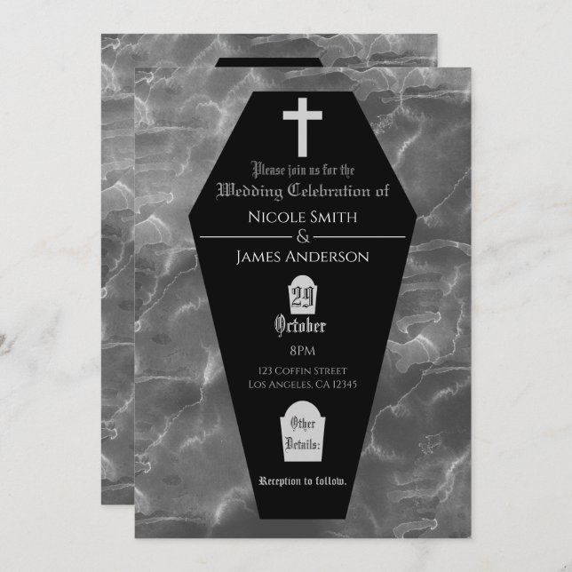 Black Coffin Tombstone Gothic Halloween Wedding Invitation (Front/Back)