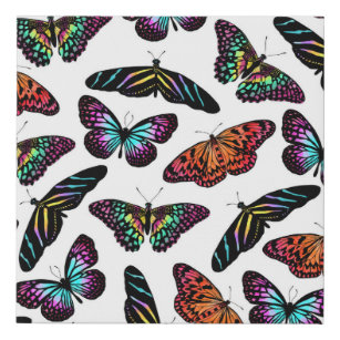Black Colorful Butterflies Watercolor Pattern Faux Canvas Print