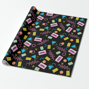 Black Colorful Eighties 80's Retro Pattern   Wrapping Paper