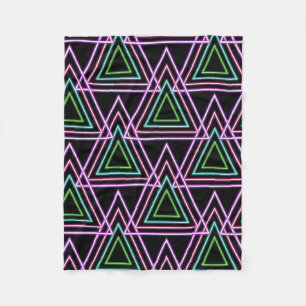 Black Colorful Retro 80's Neon Geometric Triangles Fleece Blanket