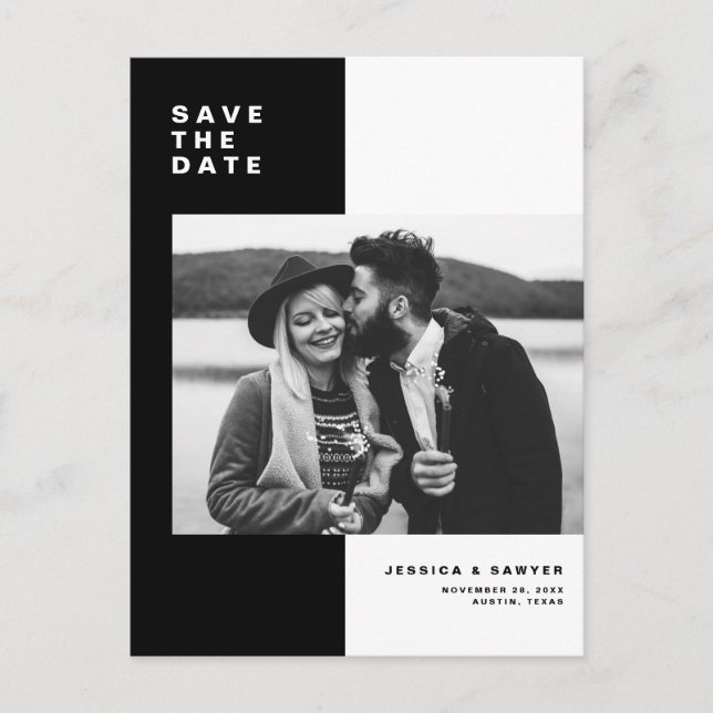 Black Colour Block Modern Photo Save the Date Announcement Postcard (Front)