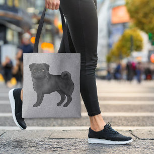 Black Colour Cute Pug Mops Cartoon Dog Breed Grey Tote Bag