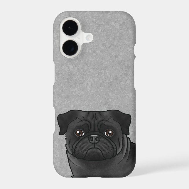 Black Colour Pug Breed Dog Head Close-up On Grey (Back)