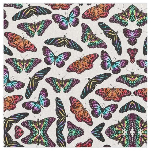 Black Colourful Butterflies Watercolor Pattern Fabric (Close Up)