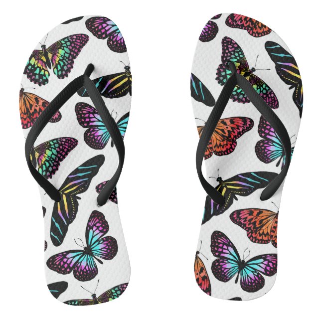 Black Colourful Butterflies Watercolor Pattern Thongs (Footbed)