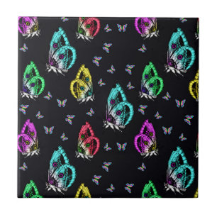 Black Colourful Butterfly Illustration Pattern Ceramic Tile