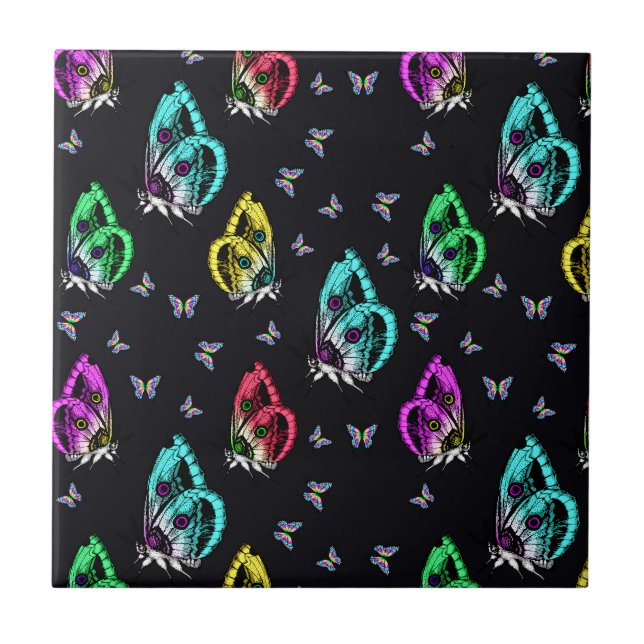 Black Colourful Butterfly Illustration Pattern Ceramic Tile (Front)