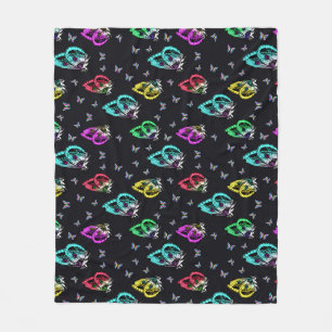 Black Colourful Butterfly Illustration Pattern Fleece Blanket