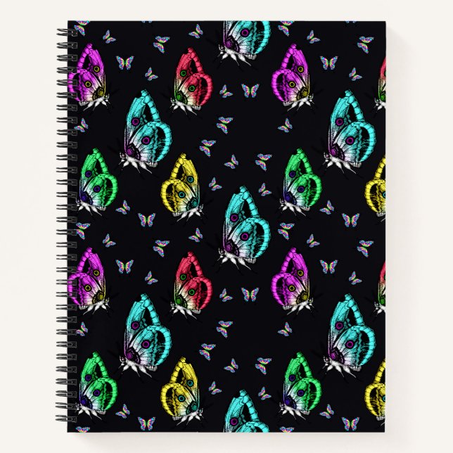Black Colourful Butterfly Illustration Pattern Notebook (Front)