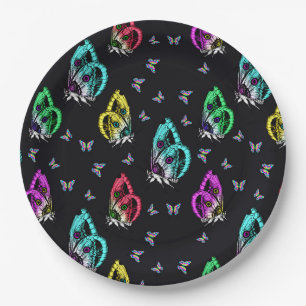 Black Colourful Butterfly Illustration Pattern Paper Plate