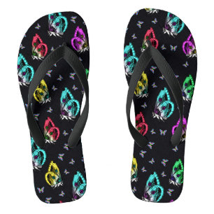 Black Colourful Butterfly Illustration Pattern Thongs