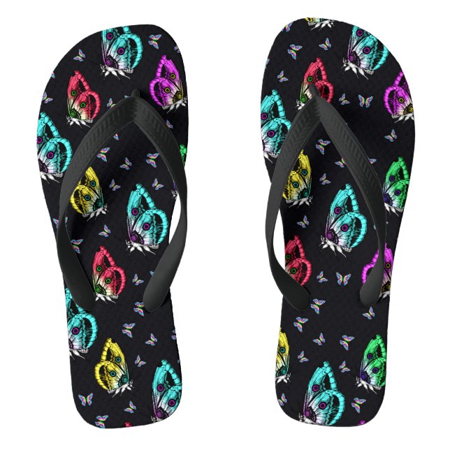 Black Colourful Butterfly Illustration Pattern Thongs (Footbed)