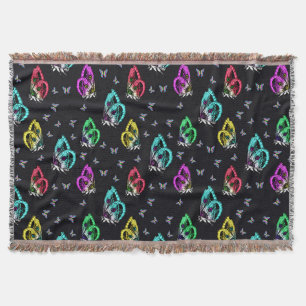 Black Colourful Butterfly Illustration Pattern Throw Blanket
