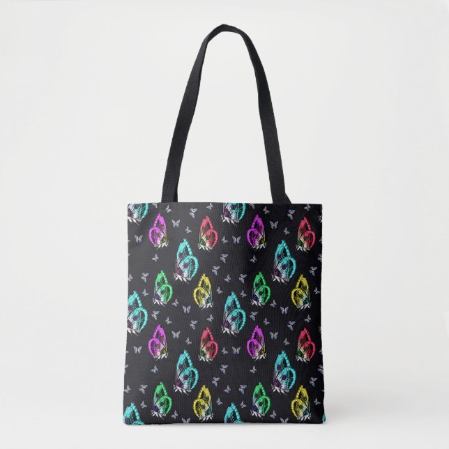 Black Colourful Butterfly Illustration Pattern Tote Bag (Front)